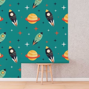 Space Rockets between Planets Self-Adhesive Wallpaper Turquoise Cosmos Retro Mural Kids Peel And Stick Vinyl image 10