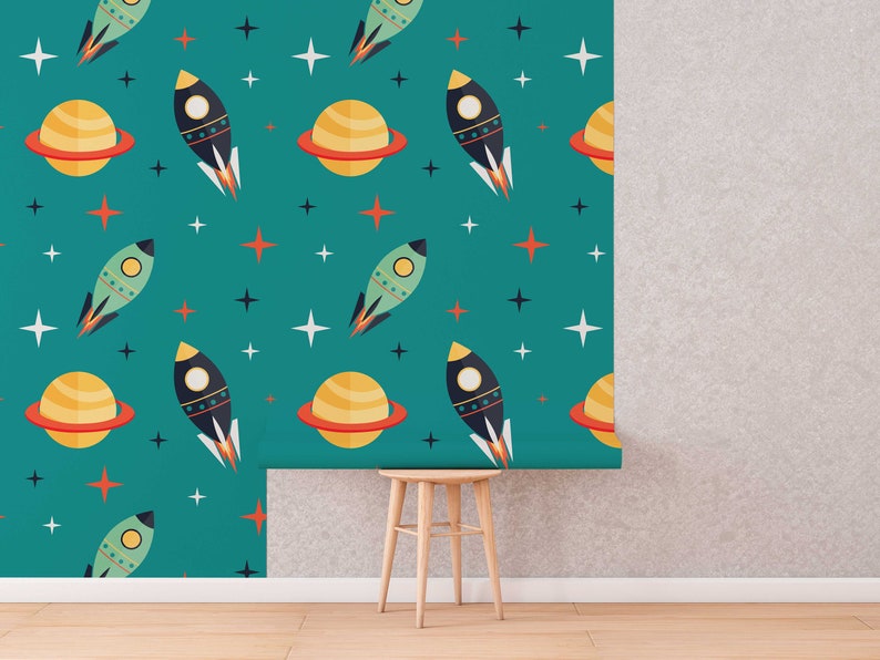 Space Rockets between Planets Self-Adhesive Wallpaper Turquoise Cosmos Retro Mural Kids Peel And Stick Vinyl image 10