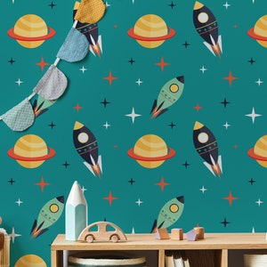 Space Rockets between Planets Self-Adhesive Wallpaper Turquoise Cosmos Retro Mural Kids Peel And Stick Vinyl image 3