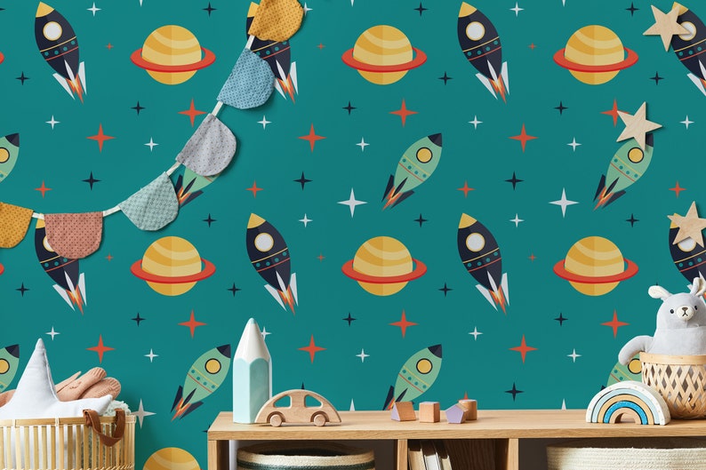Space Rockets between Planets Self-Adhesive - Turquoise Cosmos Retro - Kids Vinyl Peel and Stick Wallpaper | Removable Wall Mural image 3