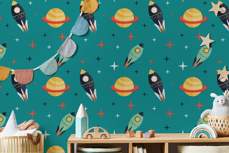 Space Rockets between Planets Self-Adhesive Wallpaper Turquoise Cosmos Retro Mural Kids Peel And Stick Vinyl image 3