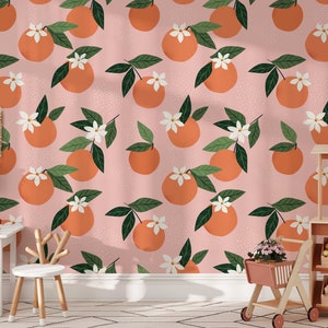 Carta da parati rosa con frutta arancione - murale in stile astratto - carta da parati per bambini stacca e attacca
