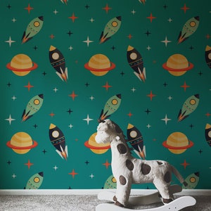 Space Rockets between Planets Self-Adhesive - Turquoise Cosmos Retro - Kids Vinyl Peel and Stick Wallpaper | Removable Wall Mural image 7
