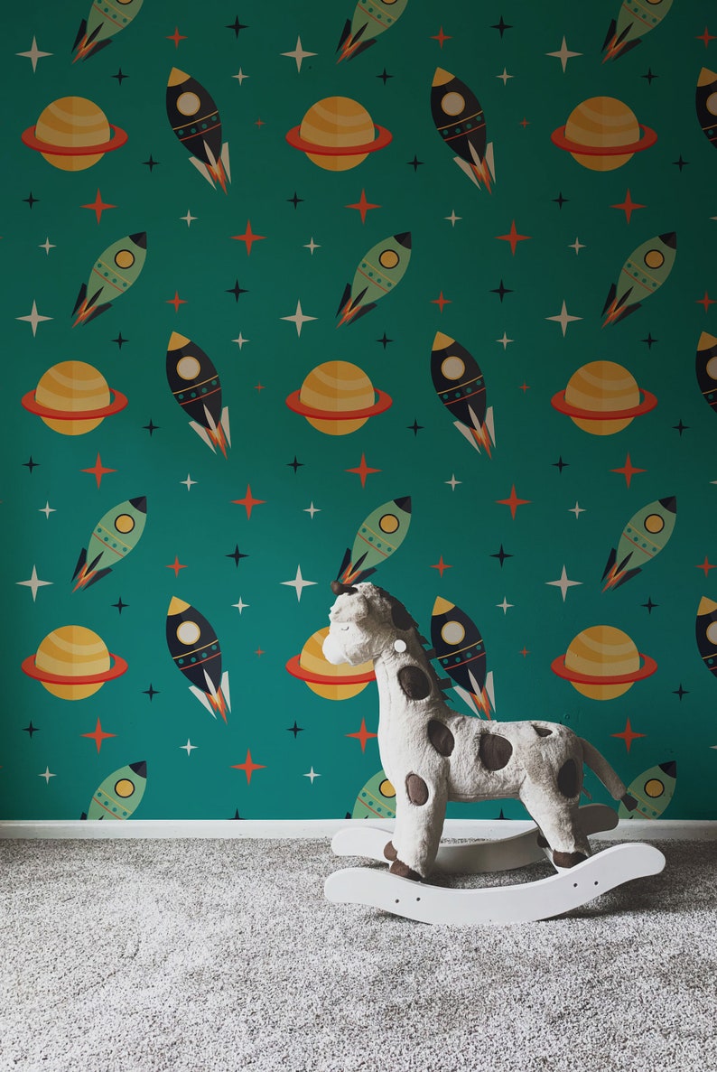 Space Rockets between Planets Self-Adhesive - Turquoise Cosmos Retro - Kids Vinyl Peel and Stick Wallpaper | Removable Wall Mural image 7