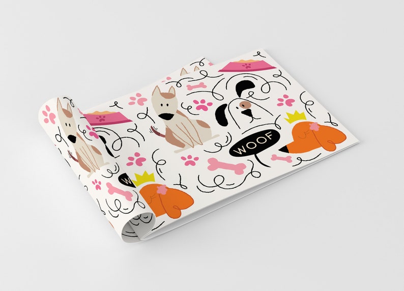 May include: White wrapping paper with a repeating pattern of dogs, bones, paw prints, and the word "WOOF". The dogs are brown, black, and orange.