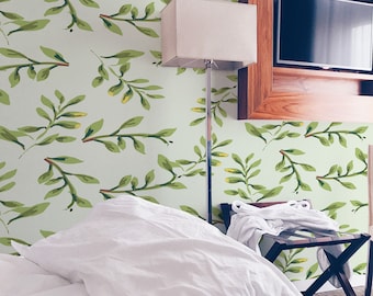 Green Plant Peel and Stick Wallpaper | Removable Wall Mural | Green Plant Accent Wall Decor | Self Adhesive Wallpaper