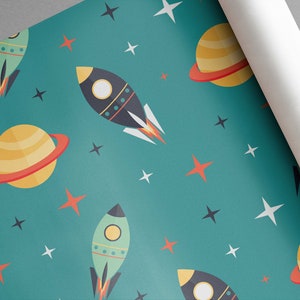 Space Rockets between Planets Self-Adhesive - Turquoise Cosmos Retro - Kids Vinyl Peel and Stick Wallpaper | Removable Wall Mural image 9