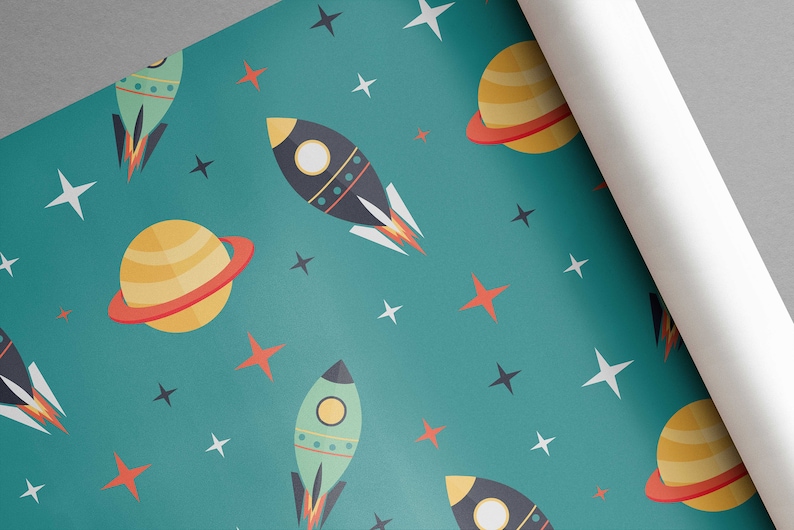 Space Rockets between Planets Self-Adhesive - Turquoise Cosmos Retro - Kids Vinyl Peel and Stick Wallpaper | Removable Wall Mural image 9