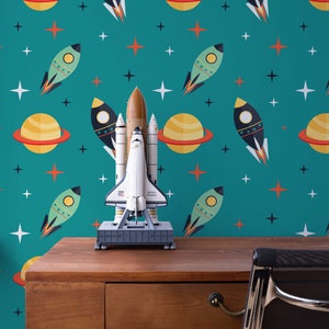 Space Rockets between Planets Self-Adhesive Wallpaper - Turquoise Cosmos Retro Mural - Kids Peel And Stick Vinyl
