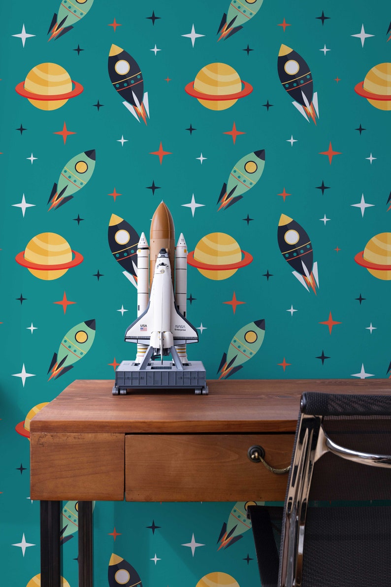 Space Rockets between Planets Self-Adhesive Wallpaper Turquoise Cosmos Retro Mural Kids Peel And Stick Vinyl image 1