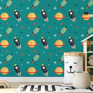 Space Rockets between Planets Self-Adhesive Wallpaper Turquoise Cosmos Retro Mural Kids Peel And Stick Vinyl image 2