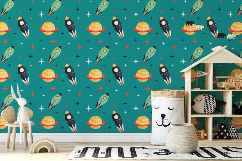 Space Rockets between Planets Self-Adhesive - Turquoise Cosmos Retro - Kids Vinyl Peel and Stick Wallpaper | Removable Wall Mural image 2