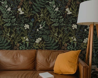 Fern Botanical Wallpaper, Botanical, Vintage Dark, Peel and Stick Wallpaper Vintage, Botanical Wallpaper, Magical Forest Wallpaper