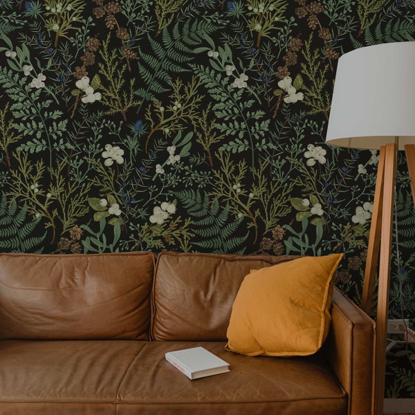 Fern Botanical Wallpaper, Botanical, Vintage Dark, Peel and Stick Wallpaper Vintage, Botanical Wallpaper, Magical Forest Wallpaper