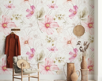 Papel pintado autoadhesivo con diseño floral en acuarela de estilo elegante / Mural de pared removible / Decoración de pared con diseño floral en acuarela de estilo elegante