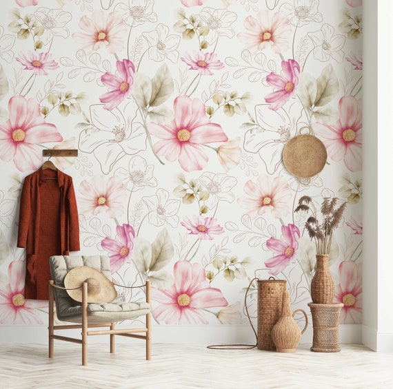 Watercolor Floral - Elegant Style Peel and Stick Wallpaper | Removable Wall Mural | Watercolor Floral - Elegant Style Accent Wall Decor