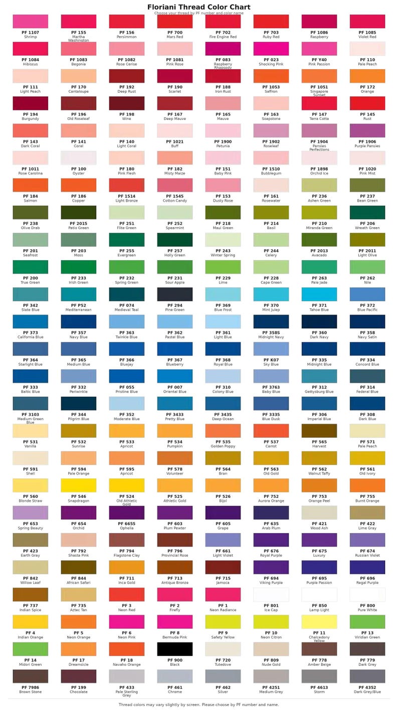 Puede incluir: Una carta de colores de hilo Floriani completa que presenta una cuadr&iacute;cula de numerosos cuadrados peque&ntilde;os de colores, cada uno etiquetado con un n&uacute;mero PF y un nombre de color espec&iacute;fico. La tabla muestra un amplio espectro de tonos que incluyen rojos, rosas, naranjas, verdes, azules, morados, marrones y grises, organizados en filas y columnas para la selecci&oacute;n de hilos de bordar.