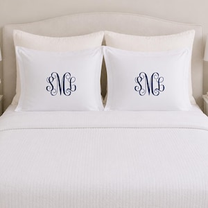 Puede incluir: Dos fundas de almohada rectangulares blancas con un monograma bordado en azul marino centrado con las letras SML en una fuente cursiva decorativa. Las fundas est&aacute;n colocadas sobre una colcha blanca con un patr&oacute;n texturizado.
