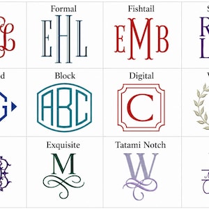 Puede incluir: Una cuadr&iacute;cula de doce estilos de monogramas distintos etiquetados como Vine, Formal, Fishtail, Stacked, Diamond, Block, Digital, Wreath, Royal, Exquisite, Tatami Notch y Split. Cada secci&oacute;n muestra letras en varios colores, incluyendo rojo, azul, morado y verde.