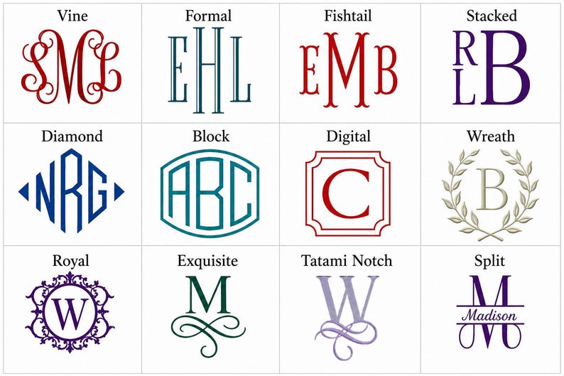 Puede incluir: Una cuadr&iacute;cula de doce estilos de monogramas distintos etiquetados como Vine, Formal, Fishtail, Stacked, Diamond, Block, Digital, Wreath, Royal, Exquisite, Tatami Notch y Split. Cada secci&oacute;n muestra letras en varios colores, incluyendo rojo, azul, morado y verde.