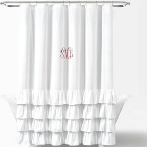 Ruffled White Shower Curtain with Optional Monogram – 72&quot;x72&quot; Feminine Bathroom Décor | Embroidered Gift | Guest or Teen Bath