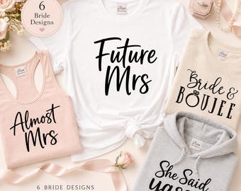 Colección de camisetas para novias, 6 diseños nupciales, camiseta, top, sudadera con capucha o sudadera sin mangas.