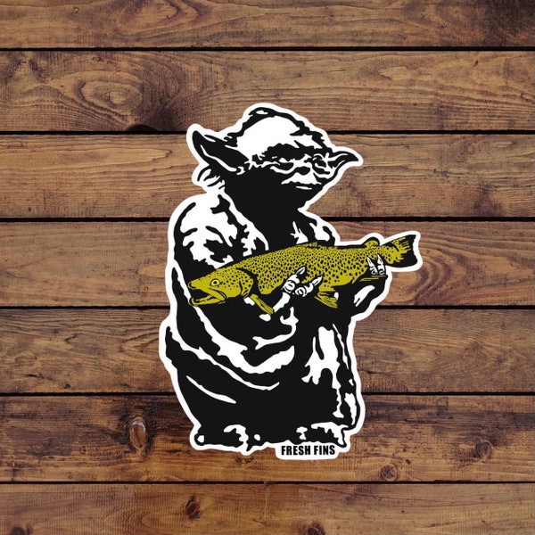 Yoda Fly Fishing Sticker, Fly Fishing Gift, Fly Fishing Stocking Stuffer, Yoda Fan Art, Brown Trout, Decal, Star Wars, Cooler Sticker