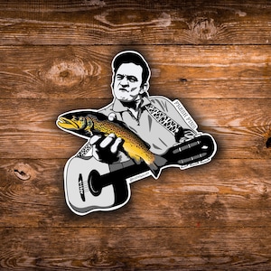 Johnny Cash Fishing Sticker, Country Singer, Johnny Cash, Fly Fishing Sticker, Brown Trout Art, Cowboy Gift, Highway Men, Fishing Gift