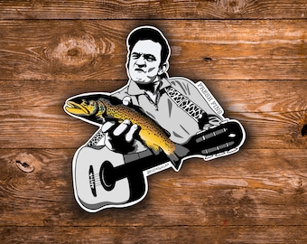 Pegatina de pesca de Johnny Cash, cantante de country, pegatina de pesca con mosca, arte de trucha marrón, regalo de vaquero, salteadores de caminos, regalo de pesca