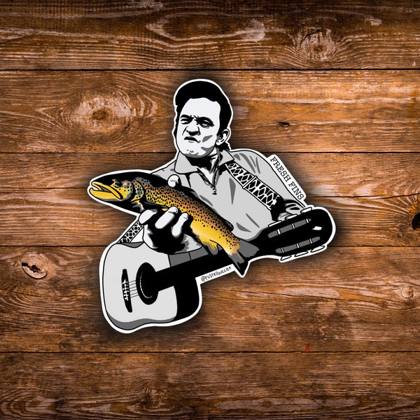 Johnny Cash Fishing Sticker, Country Singer, Johnny Cash, Fly Fishing Sticker, Brown Trout Art, Cowboy Gift, Highway Men, Fishing Gift