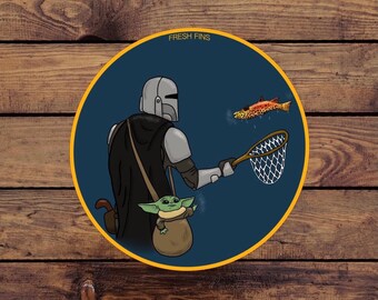 Mandolorian Fly Fishing Sticker | Fishing Sticker | Mando | Baby Yoda | Star Wars | Fish Decal | Tiger Trout | Laptop Sticker