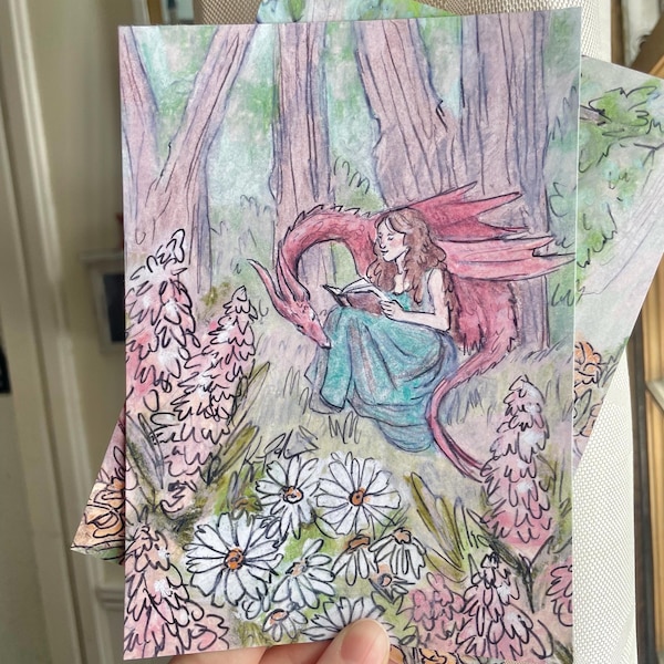 Lecteur de conte de fées et impression d'art fantastique Dragon