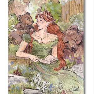 Stampa artistica fantasy da favola con principessa del bosco e orsi