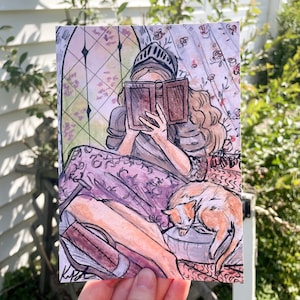 Stampa artistica fantasy con dama scrittrice, cavaliere e gatto