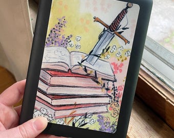 Schwert im Bücherstapel Sticker für Kindle eBook Reader
