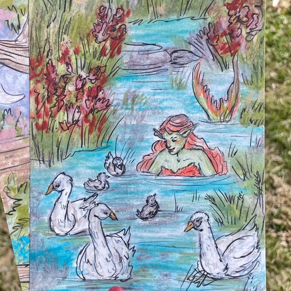 Fairytale Mermaid and Swans Fantasy Art PRINT