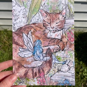 Sleeping Cat and Fairy Fairytale Art PRINT