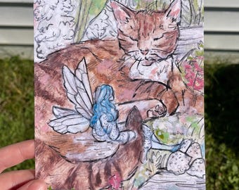 May include: A watercolor illustration of a brown tabby cat sleeping with a blue fairy with white wings sitting on its back. The cat is surrounded by green foliage and pink flowers.