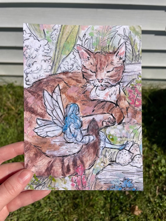 Sleeping Cat and Fairy Fairytale Art PRINT