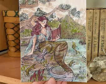 Fairytale Mermaid Reading Fantasy Art PRINT