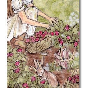 May include: A watercolour illustration of a woman picking strawberries in a field. Two deer-like rabbits are also picking strawberries. The illustration is signed "@katiepillustration" in the bottom right corner.