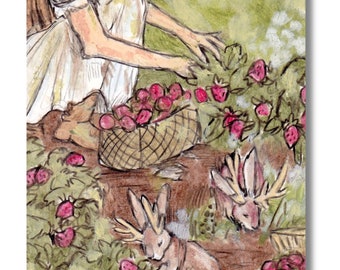 Jackalope Garden Storybook Fantasy Nursery Art PRINT