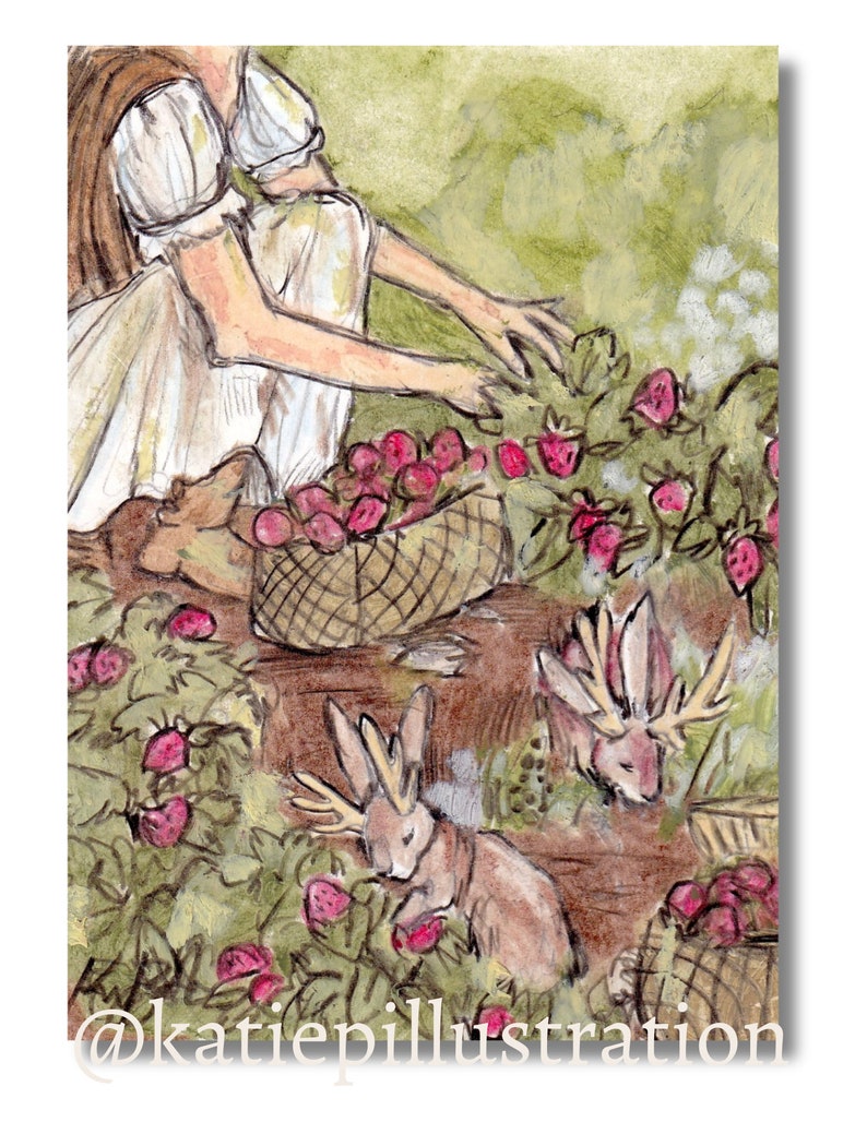 May include: A watercolour illustration of a woman picking strawberries in a field. Two deer-like rabbits are also picking strawberries. The illustration is signed "@katiepillustration" in the bottom right corner.