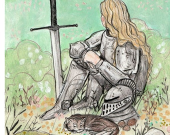 Lady Knight and Cat Fantasy Art print
