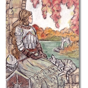 Lady Knight and Cat Autumn Lake Art print