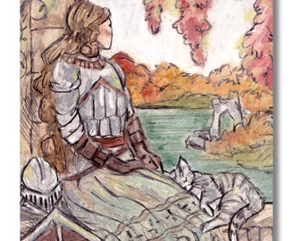 Lady Knight and Cat Autumn Lake Art print