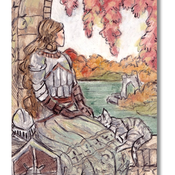 Impression d'art Lady Knight et chat Autumn Lake