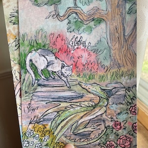 Stampa artistica fantasy con drago e gatto delle fiabe