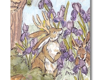 Jackalope Iris Flowers Storybook Fantasy Nursery Art PRINT