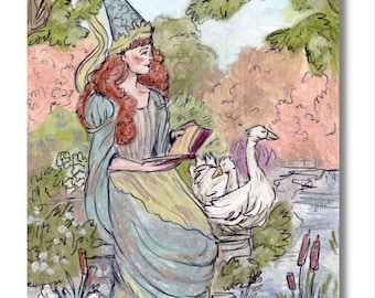 Stampa artistica fantasy del libro di fiabe Principessa e oche